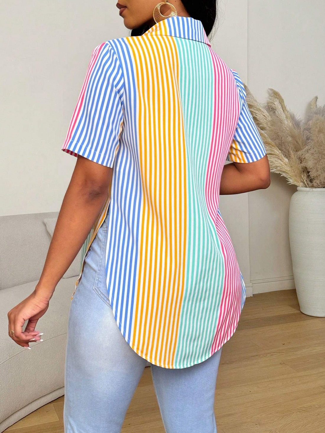 Contrast Color Striped Print Front Button Asymmetrical Hem Short Sleeve Shirt Limorista