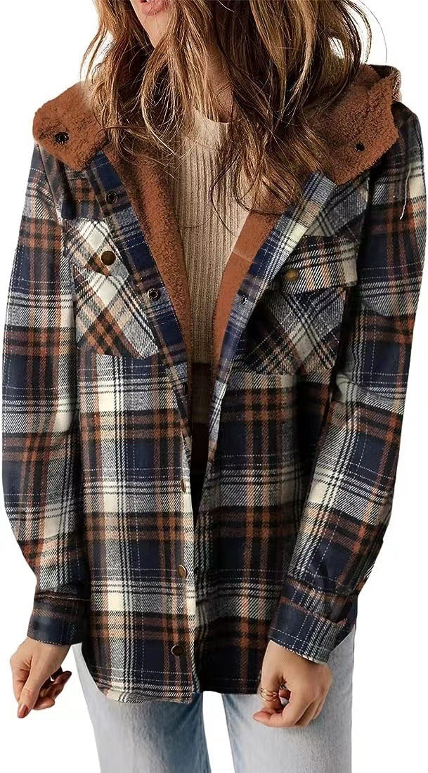 Casual Plaid Hooded Woolen Coat Thickened Fleece-lined Warm Jacket Limorista