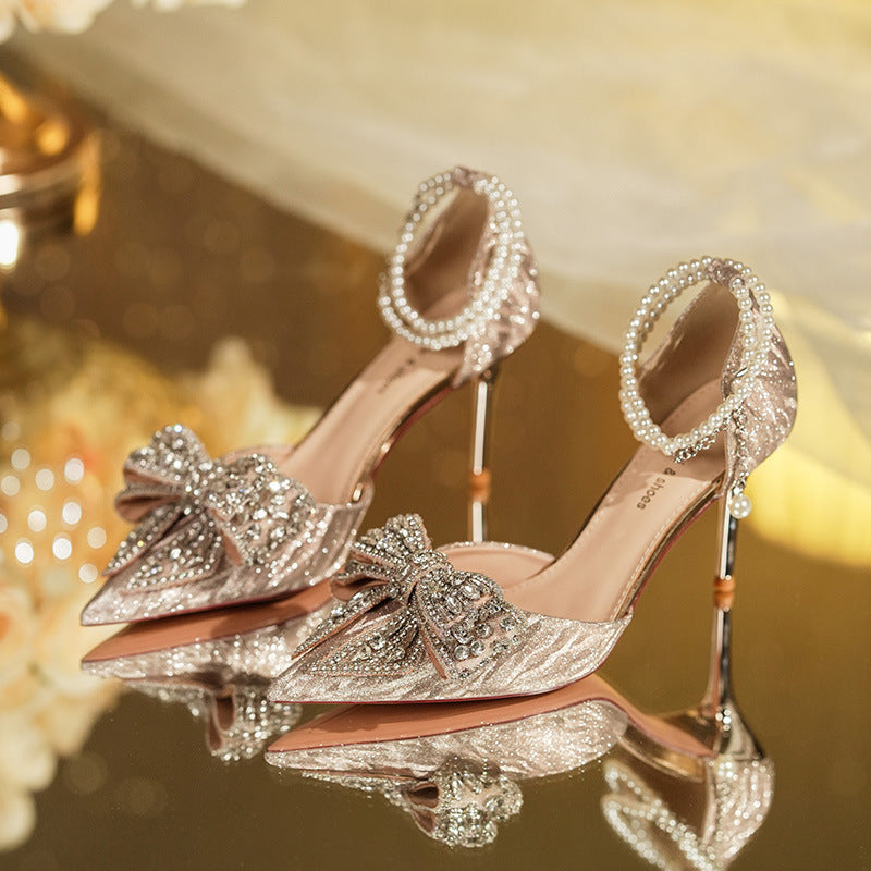 Rhinestone Bow Pointy Hollow Pearl Heels Limorista