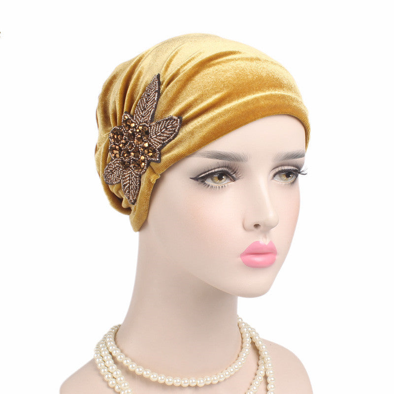 Beaded Flower Accessories Turban Hat Velvet Pleated Hood Limorista