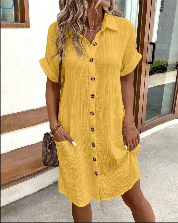 Summer Short Sleeve Shirt Dress Fashion Solid Color Single-breasted Mid-length Loose Dress - Limorista