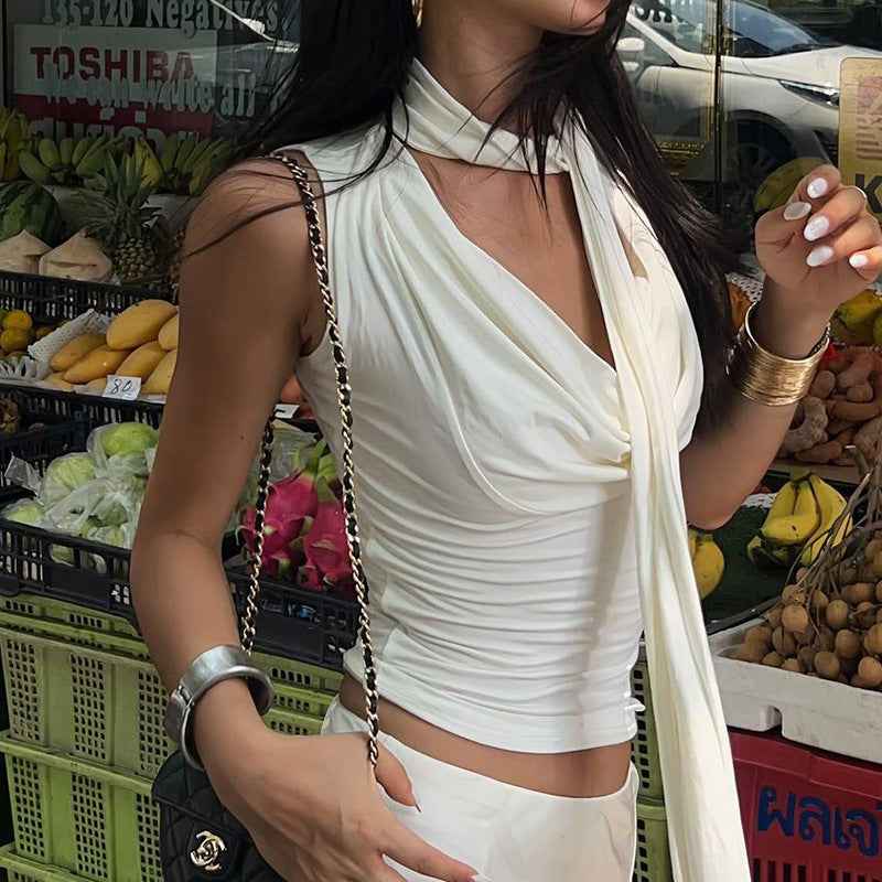 Limorista - Lace-up Tied Top Outerwear Ribbon Swing Collar Sleeveless Vest For Women