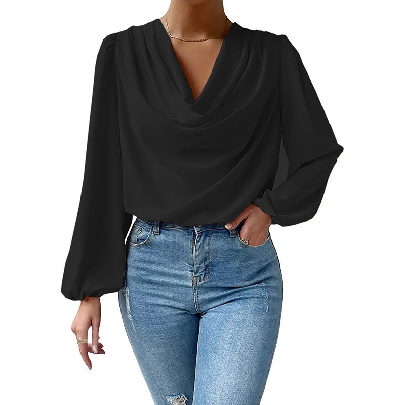 European And American Summer Chiffon Long-sleeved Shirt Loose Draped V-neck Top Limorista