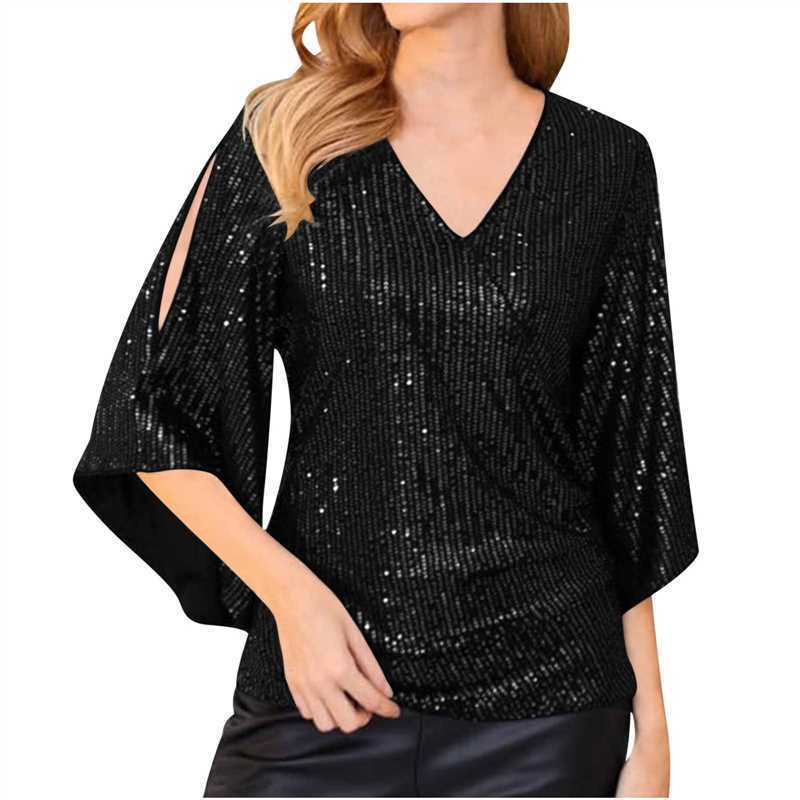 Loose Mid-length Sequined T-shirt Women&