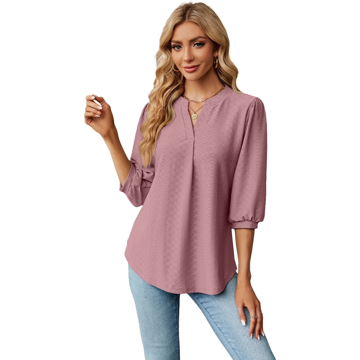 Limorista - Solid Color Lace Collar Jacquard Long Sleeve Loose-fitting T-shirt Top