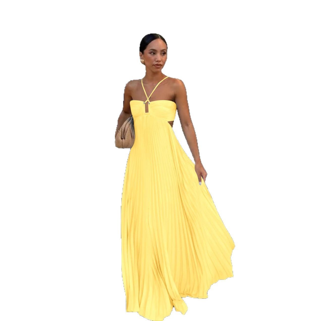 Ins Pleated Sleeveless Sling Dress Hollow High Waist Halter Robe Dresses For Evening Party Club Clothing Women Limorista