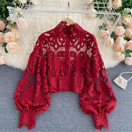 Limorista - Design Sense Lace Hollow Top Stand-up Collar Puff Sleeve Loose Shirt