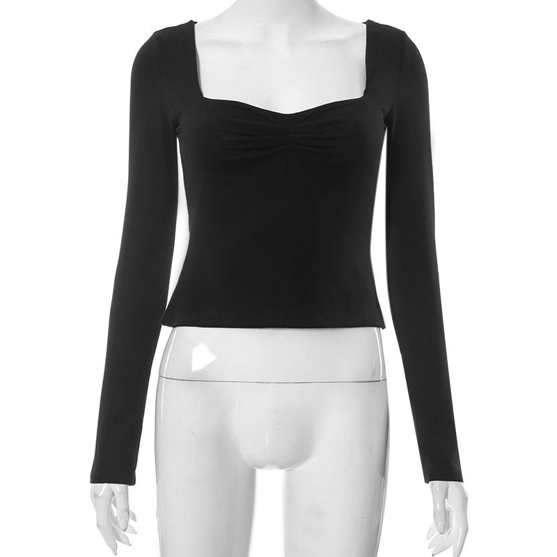 Autumn Ins New Solid Color Square Collar Long Sleeve Pleated Side Slit Top T-shirt For Women Limorista