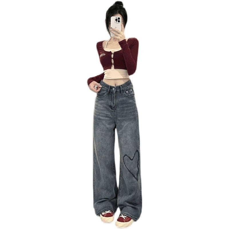 Love Embroidered Wide-leg Simple Casual Jeans Limorista