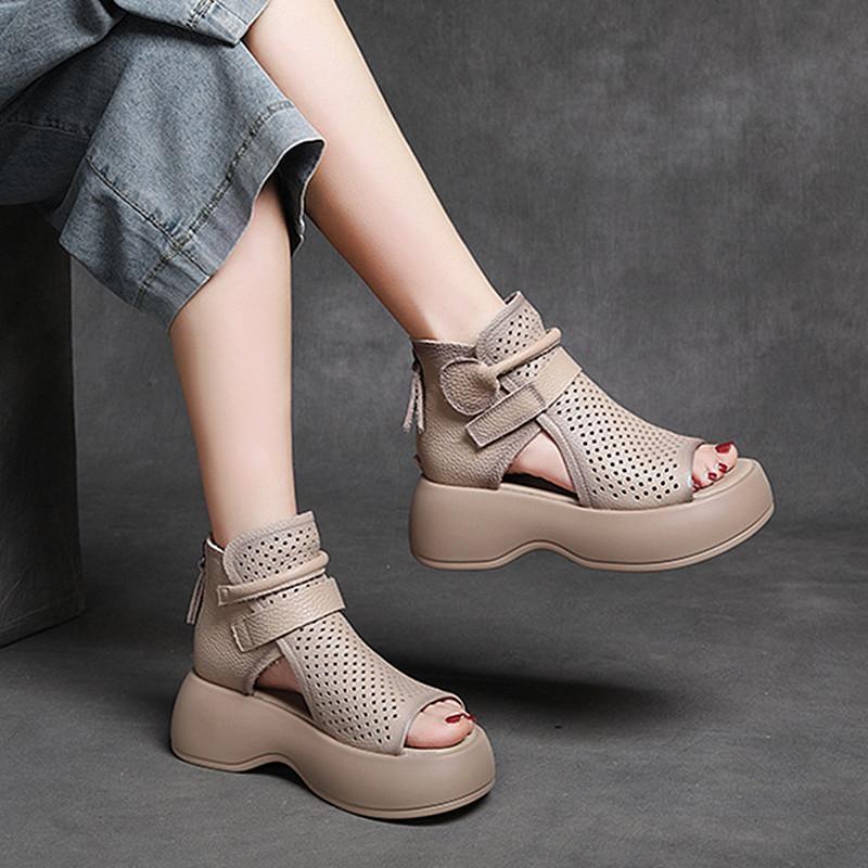 High-Top Roman Shoes Platform Heel Retro Hollow Women&