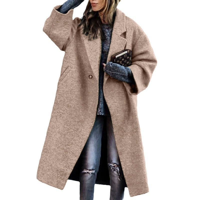 Limorista - Autumn And Winter Long Woolen Color Temperament Commute No Belt Lapel Loose Woolen Green Coat