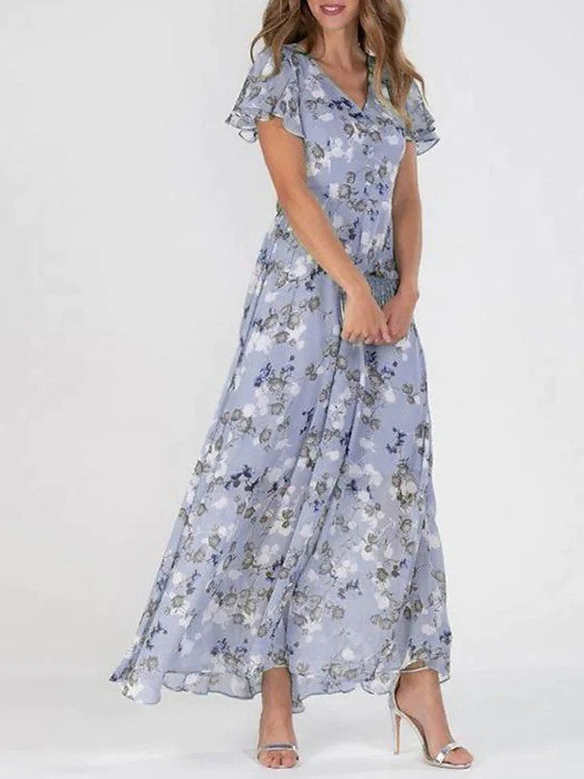 Flowers Print Short Sleeve Dress Summer Fashion Ruffle Beach Dresses Women&