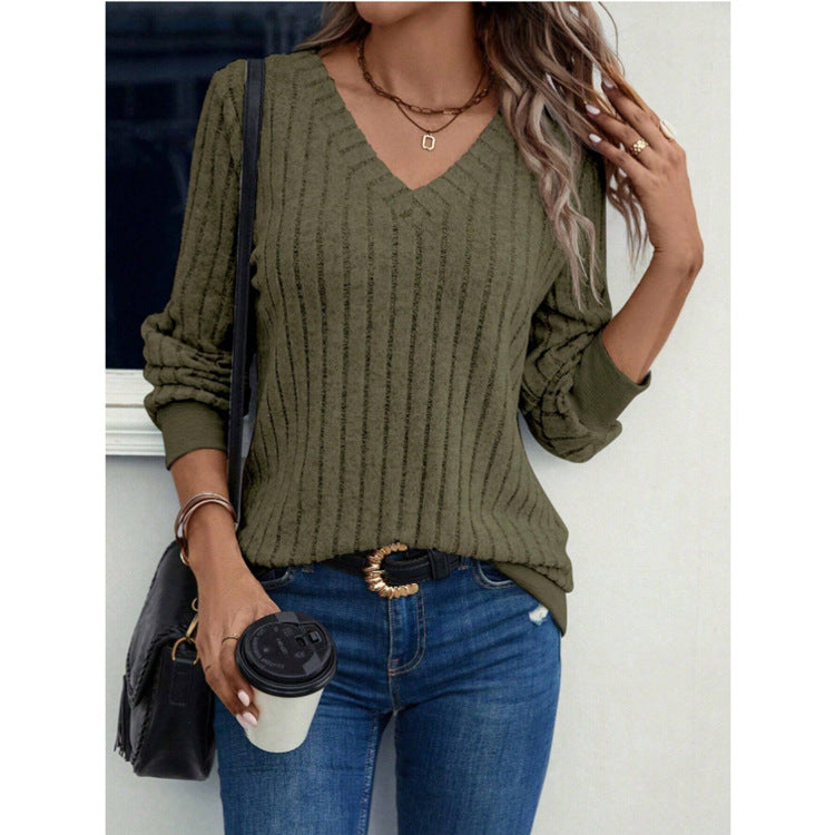 Fall V-neck Brushed Sunken Stripe Solid Color Top Women&