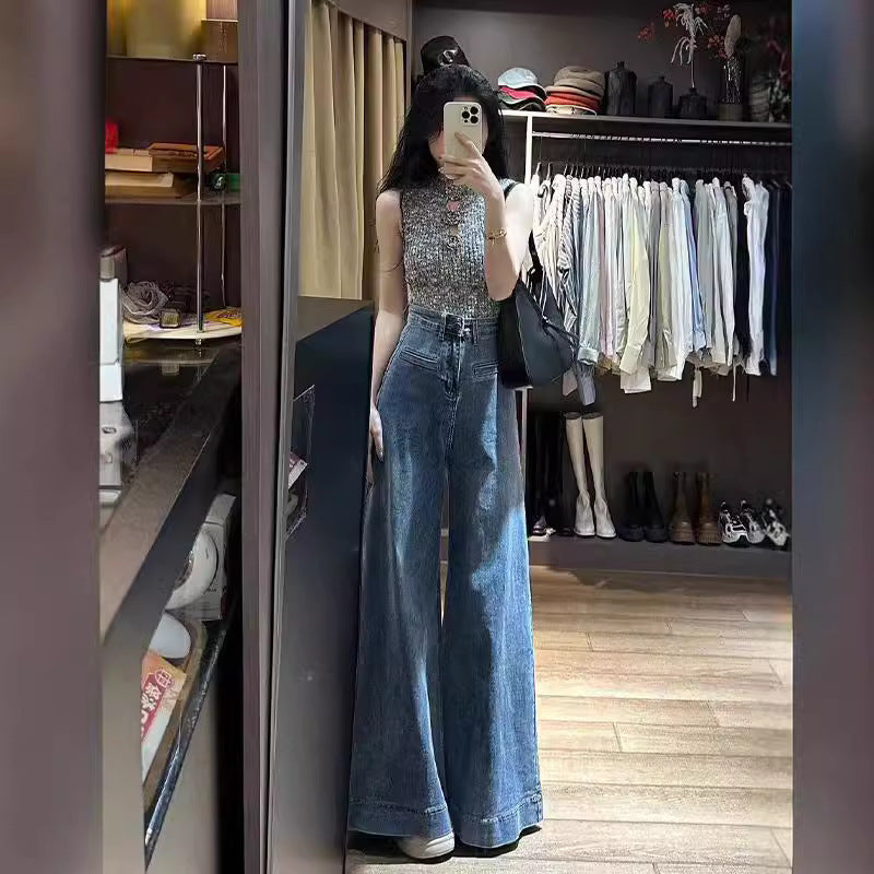 Retro Blue High Waist Loose Slim Floor-length Jeans For Women American High Street Drape Versatile Wide-leg Pants Limorista