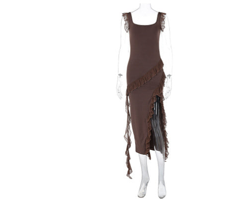 Ruffle Thigh High Split Dress Women Sexy Spaghetti Strap Square Neck Backless Suspender Dresses For Evening Praty Clothing Limorista