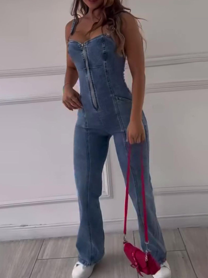 Sleeveless Paneled Zipper Denim Jumpsuit Limorista