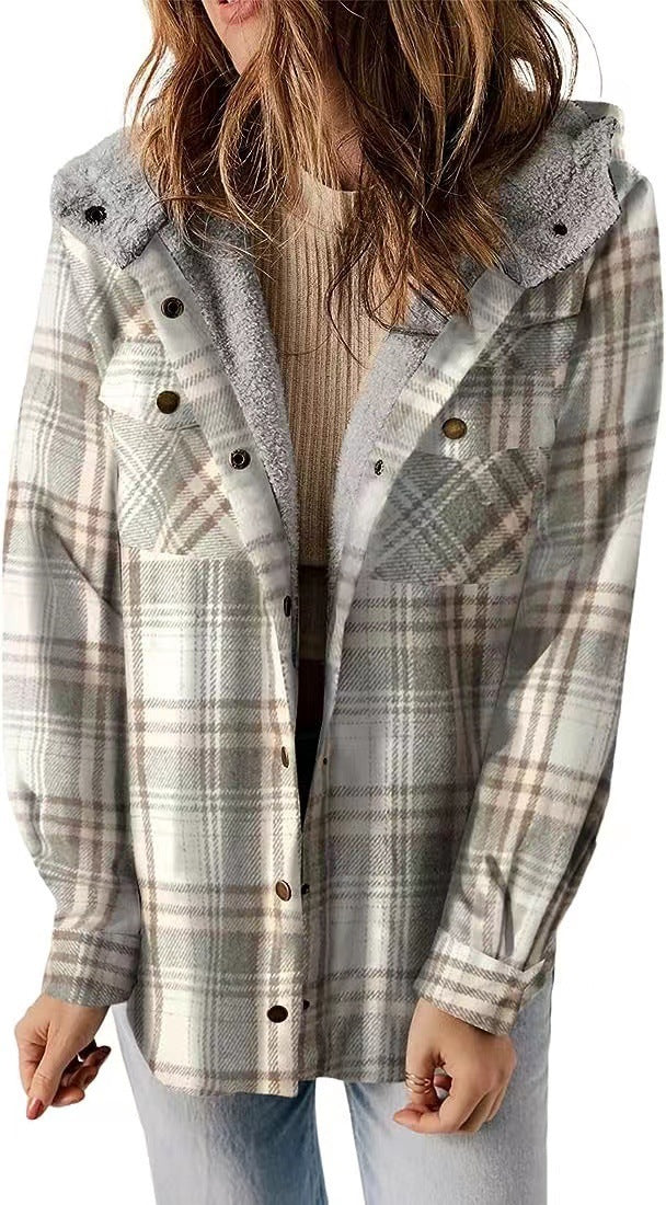 Casual Plaid Hooded Woolen Coat Thickened Fleece-lined Warm Jacket Limorista