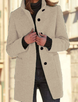 Fashion Stand Collar Woolen Coat With Pockets Fall Winter Casual Button Outwear For Women Clothing Limorista