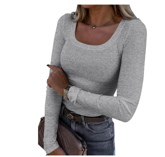 European And American Hot Thread Sunken Stripe Long Sleeve Square-neck T-shirt Limorista