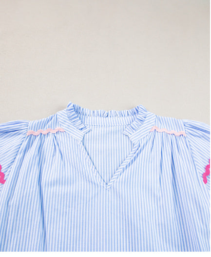Sky Blue Stripe Ricrac Trim Split Neck Striped Ruffled Sleeve Blouse Limorista