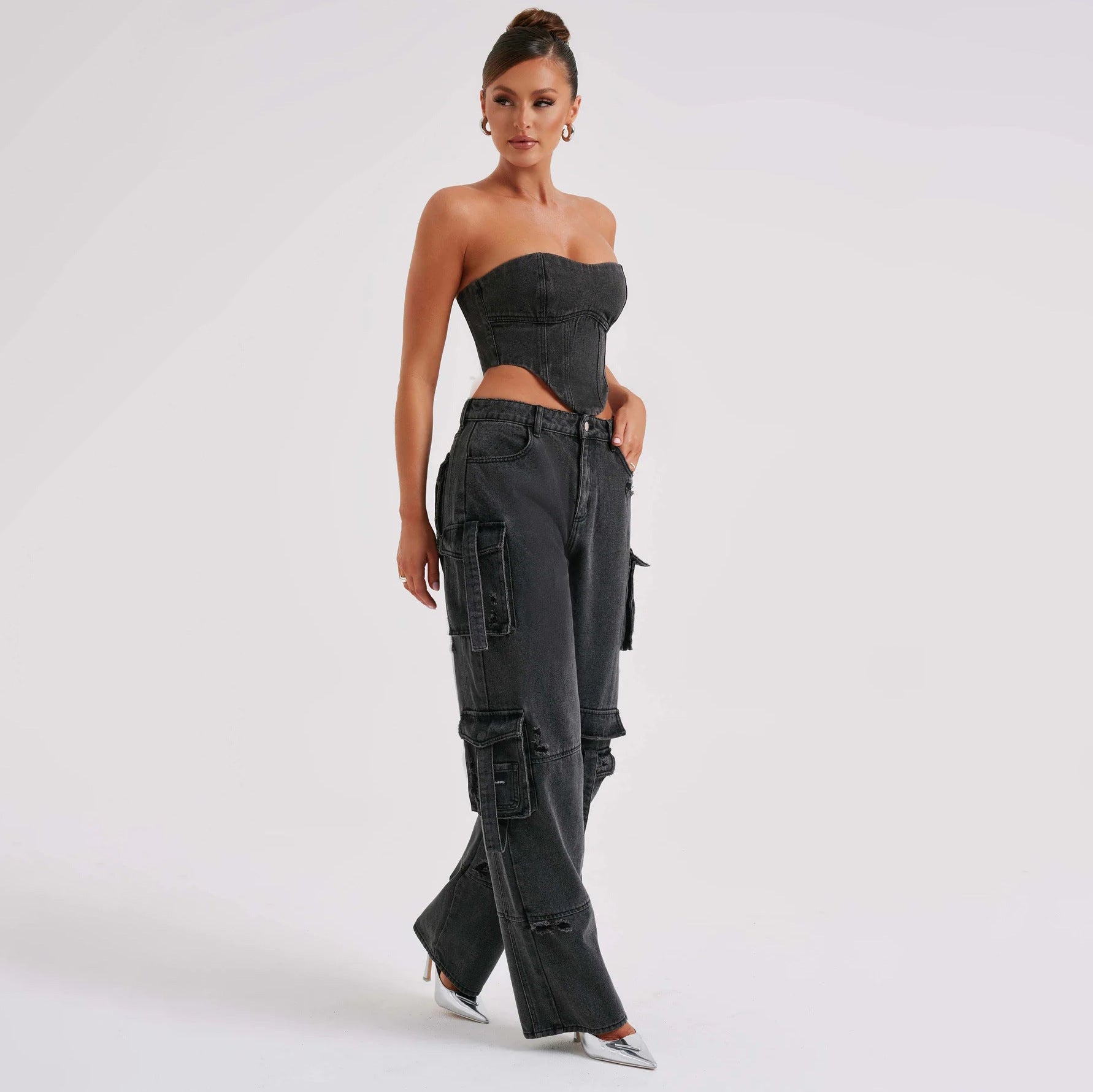 2Pcs Denim Suits Summer Sexy Backless Tube Top And Multi-pocket Straight Trousers Fashion Long Pants Suit Womens Clothing Limorista