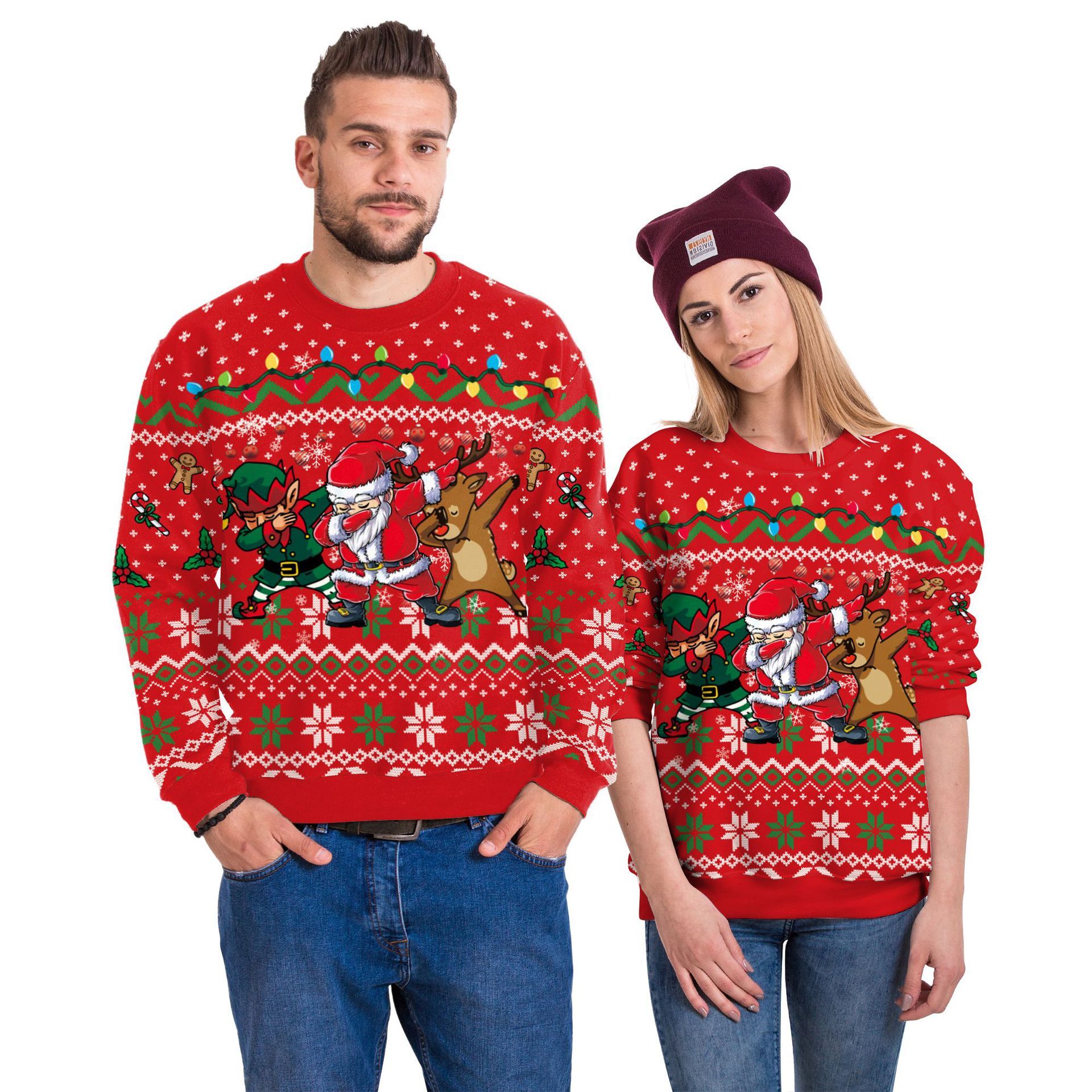 Men And Women Digital Printing Christmas Round Neck Sweater Tops Limorista
