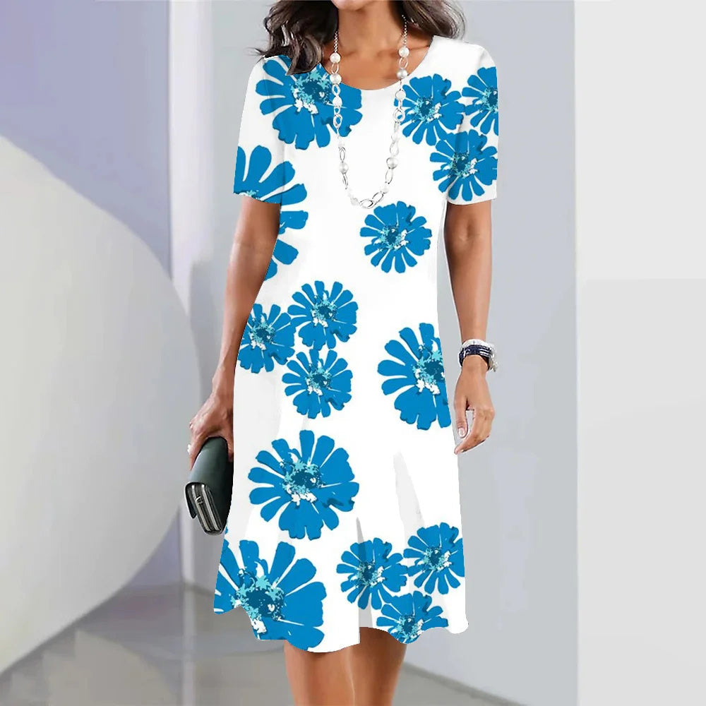 3d Floral Blue Printed Round Neck Fashion Party Dress Limorista