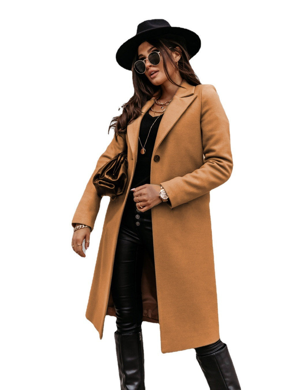 Limorista - Solid Color Long-sleeved Suit Collar Woolen Coat Jacket
