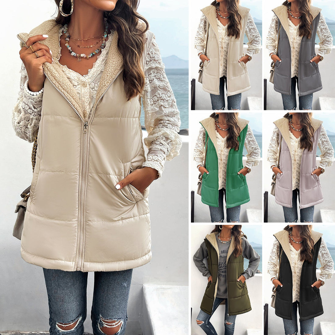 Limorista - Winter Vest Women Loose Commuting Mid-length Hooded Cotton Jacket With Pockets Fashion Warm Zipper Fluffy Coat Outdoor Clothing