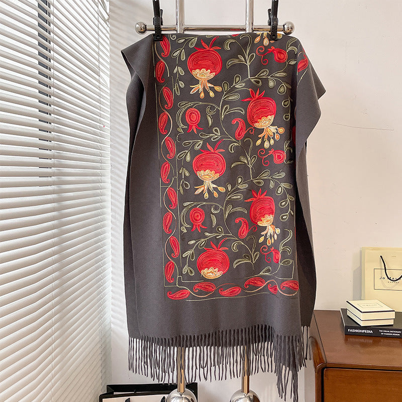 Contrast Color Pomegranate Leaf Embroidered Double-sided Shawl Limorista