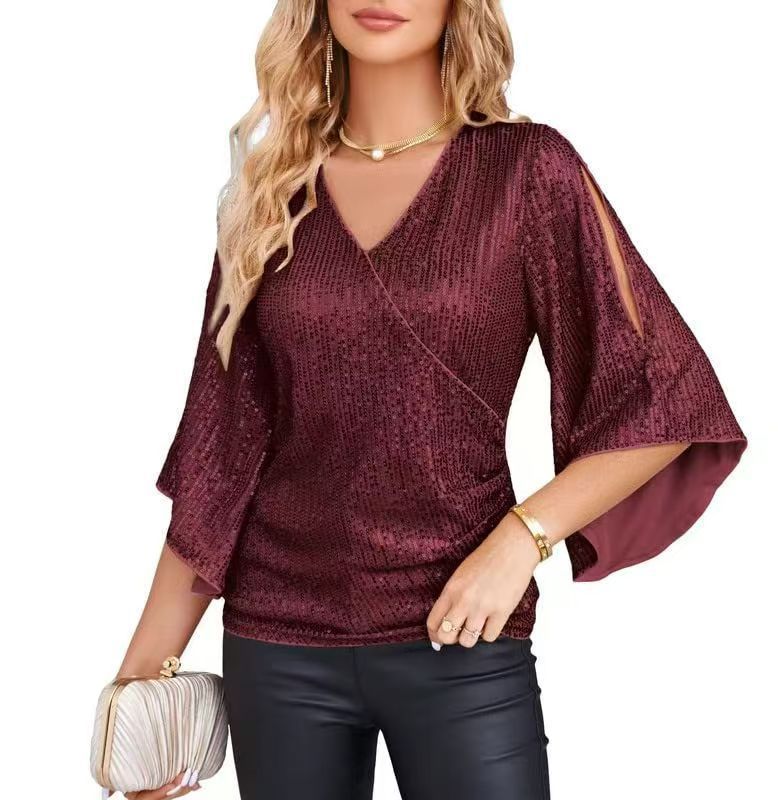 Loose Mid-length Sequined T-shirt Women&