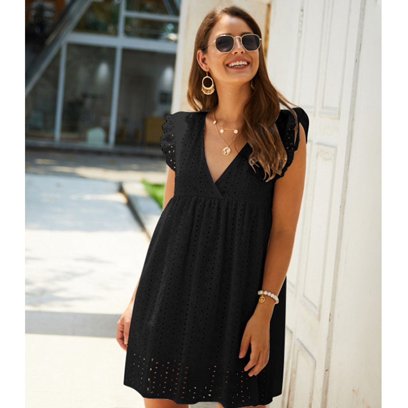 Summer V-neck Cotton Short Skirt Solid Color Dress Limorista