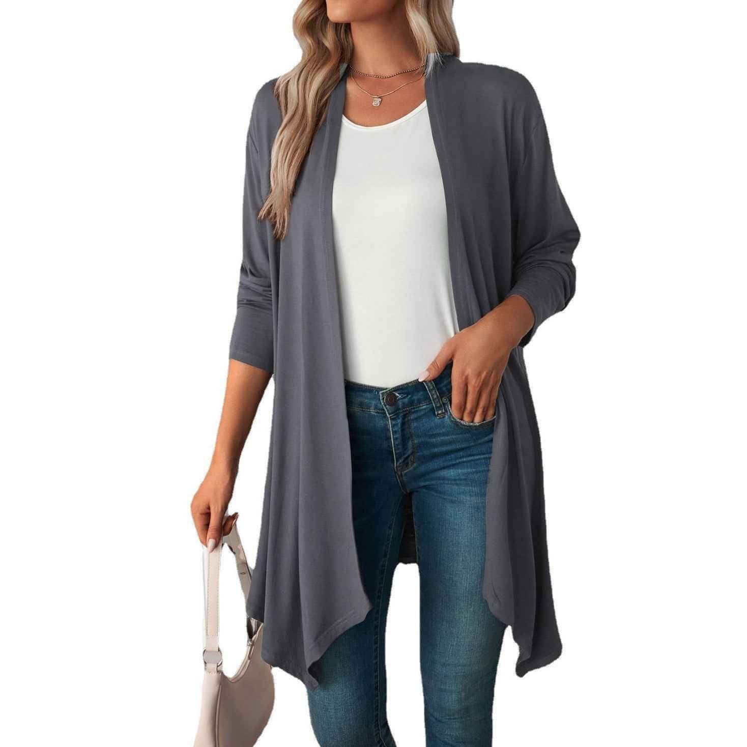 Limorista - Solid Color Long Sleeve Cardigan Jacket Long Shirt Women