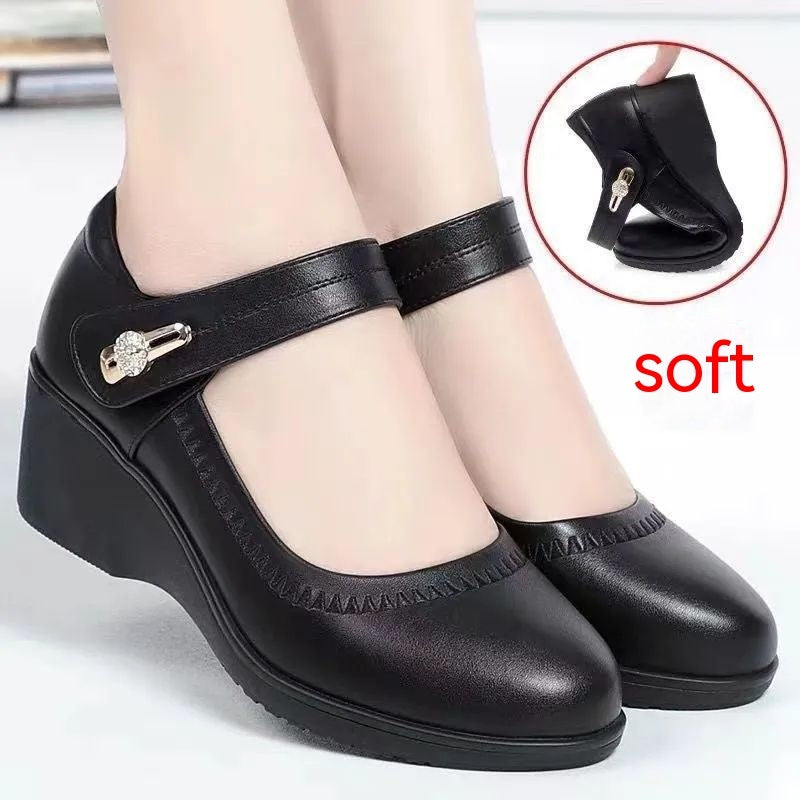 High Quality Soft Bottom Leather Shoes Non-slip Wedge Middle-aged And Elderly Pumps Limorista