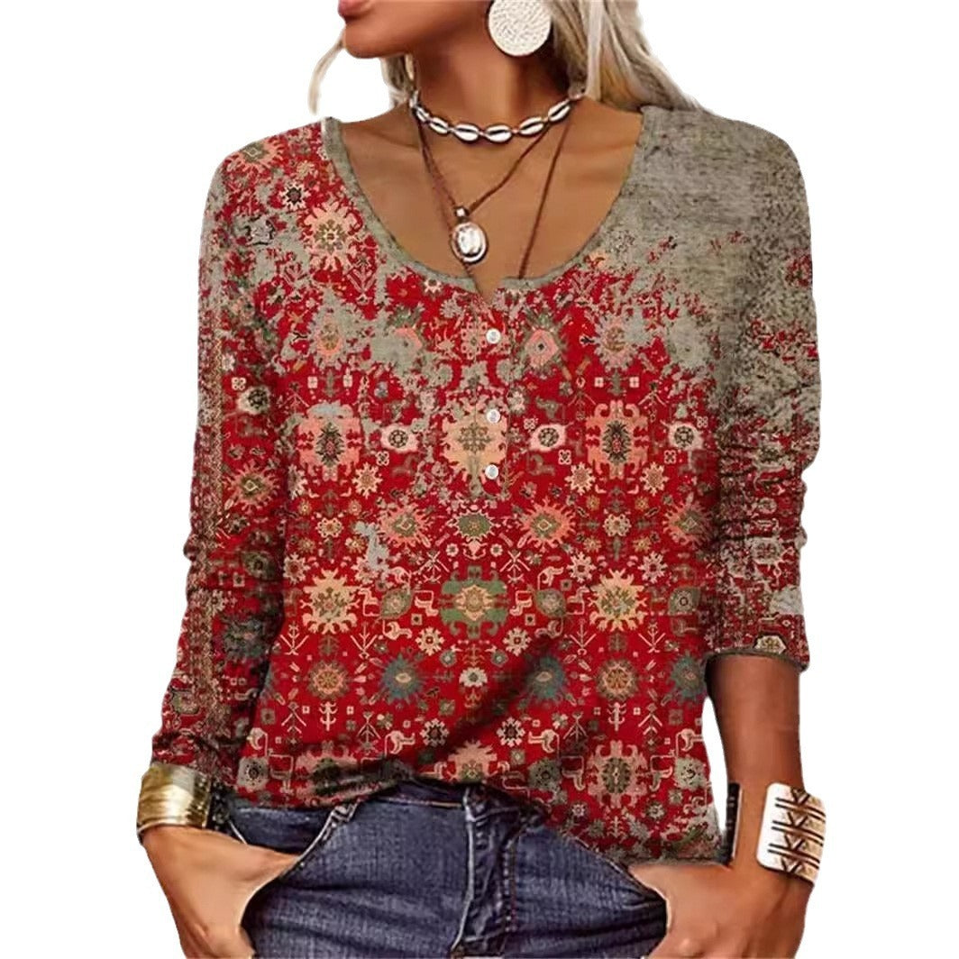 Limorista - Long Sleeved Geometric Flower Mang U-neck Button Up T-shirt For Women
