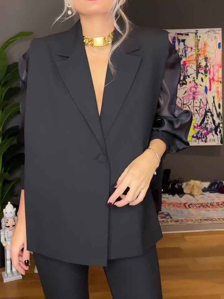 Limorista - Black Organza Patchwork Sleeve Top