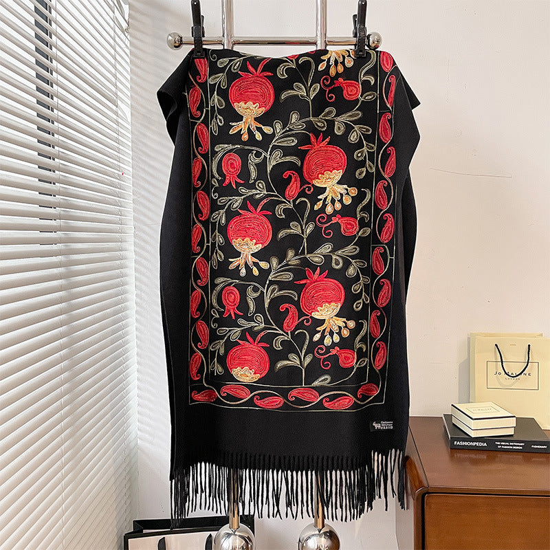 Contrast Color Pomegranate Leaf Embroidered Double-sided Shawl Limorista