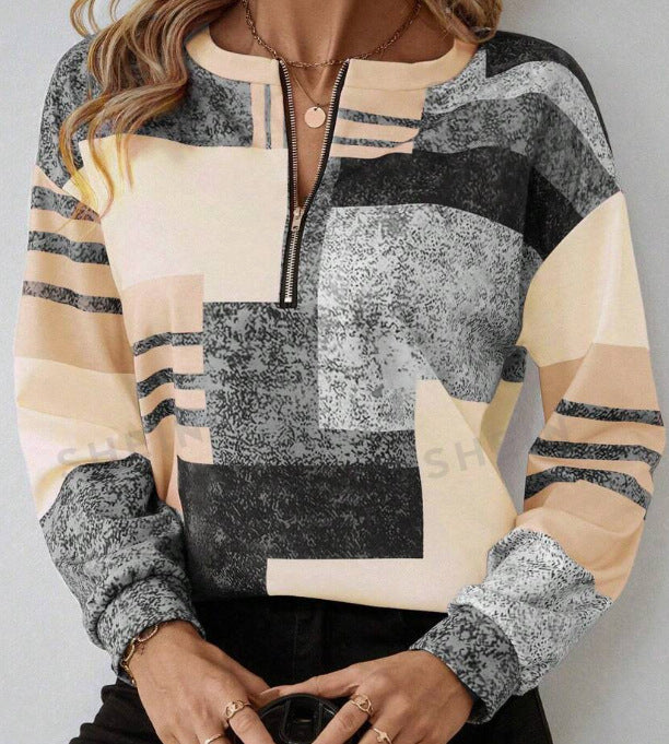 Round Neck Half Zipper Casual Style Polo Shirt Irregular Geometric Top Limorista