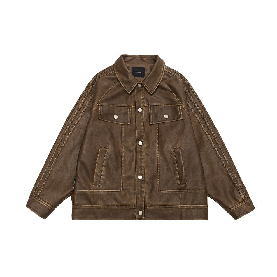 American Retro Distressed Lapel PU Leather For Men And Women Biker&