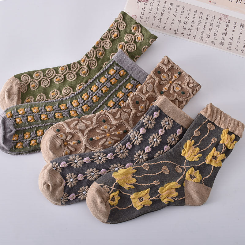 Cotton Socks Retro Court Three-dimensional Embossed Women&