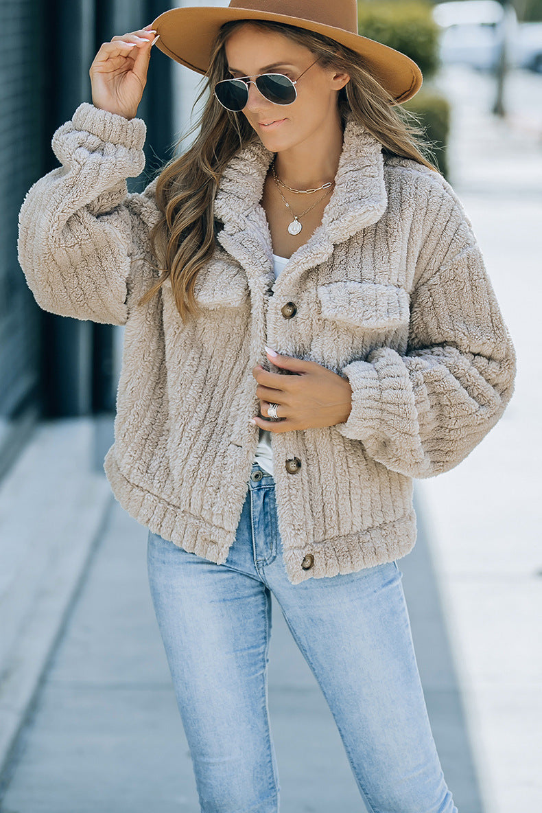 Winter New Khaki Plush Wool Fashion Thick Warm Long Sleeves Coat For Women Limorista