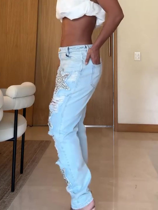 Five-pointed Star Hot Diamond Ripped Jeans Limorista