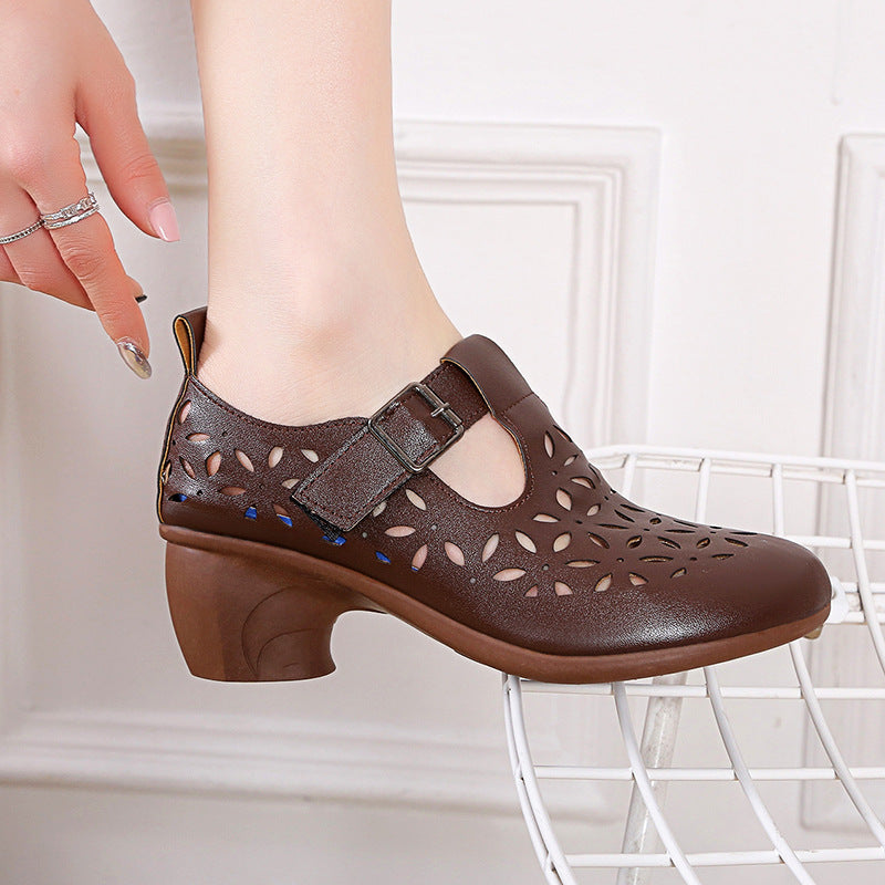 High Heel Retro Hollow Sandals Spring And Summer New Round Toe Buckle Mom Shoes Limorista