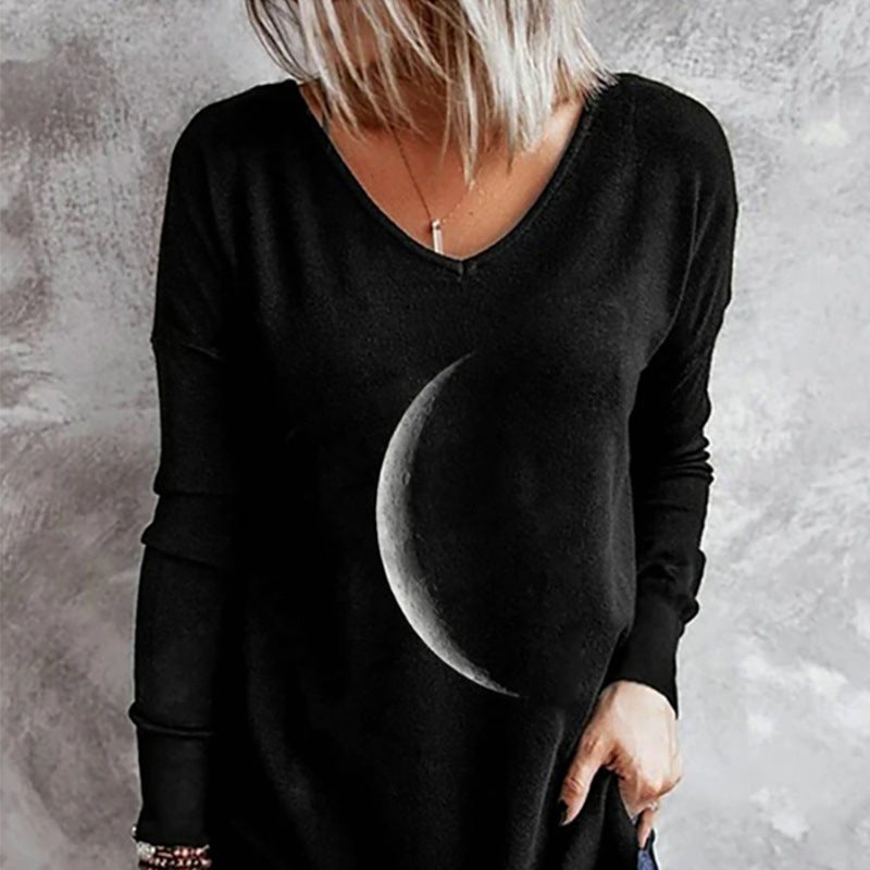 Limorista - Moon Print Round Neck Loose Long-sleeved T-shirt Sweater Women