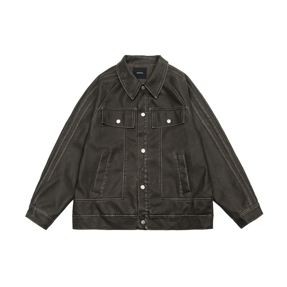 American Retro Distressed Lapel PU Leather For Men And Women Biker&