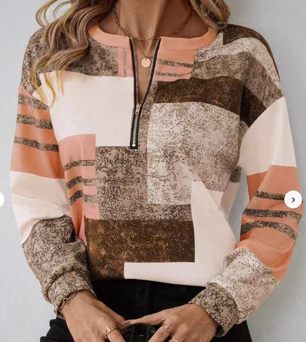Round Neck Half Zipper Casual Style Polo Shirt Irregular Geometric Top Limorista