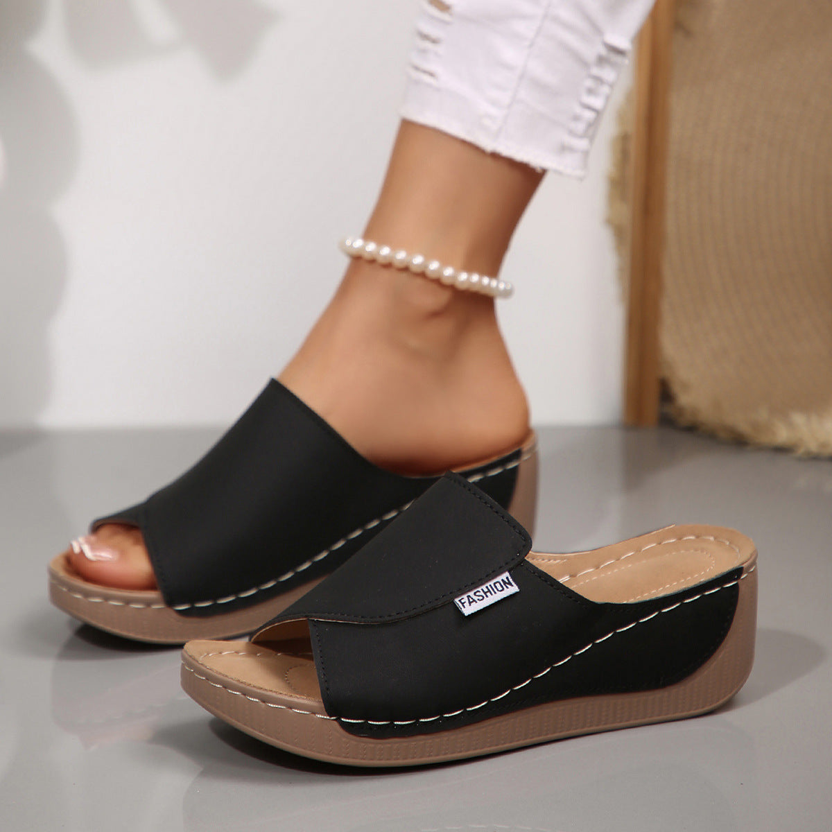 Simple Stylish Peep Toe Wedge Slippers Limorista