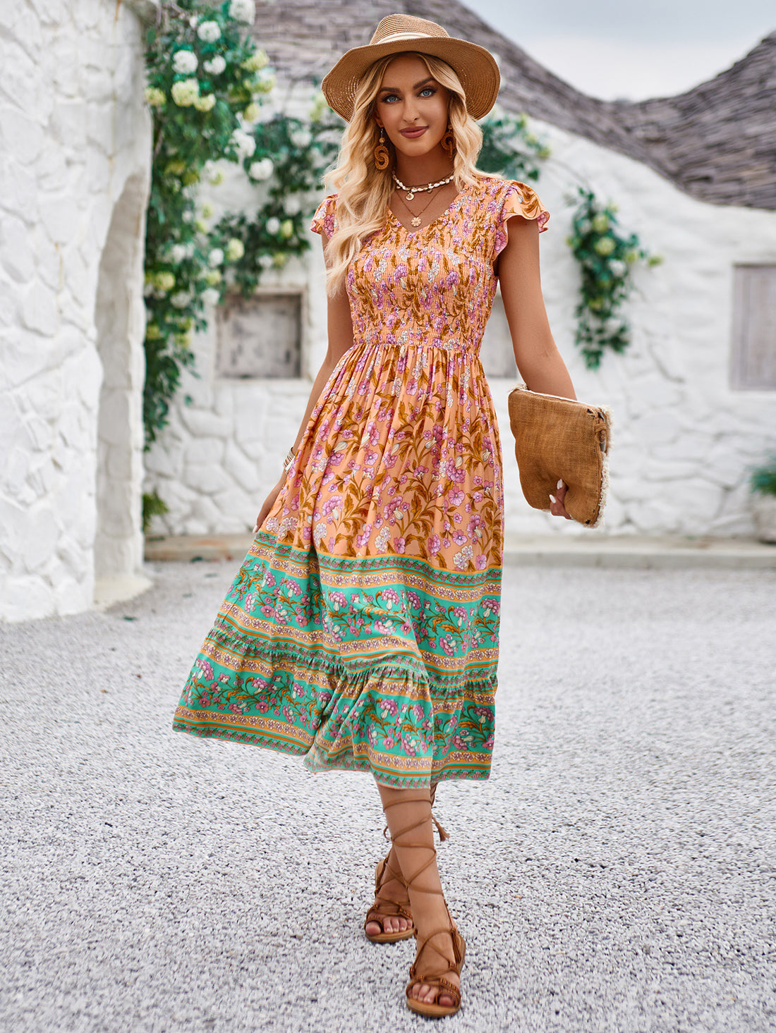 New Flowers Print V-neck Dress Summer Casual Ruffle Sleeveless Dresses Bohemian Holiday Beach Dress For Womens Clothing Limorista