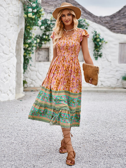 New Flowers Print V-neck Dress Summer Casual Ruffle Sleeveless Dresses Bohemian Holiday Beach Dress For Womens Clothing Limorista