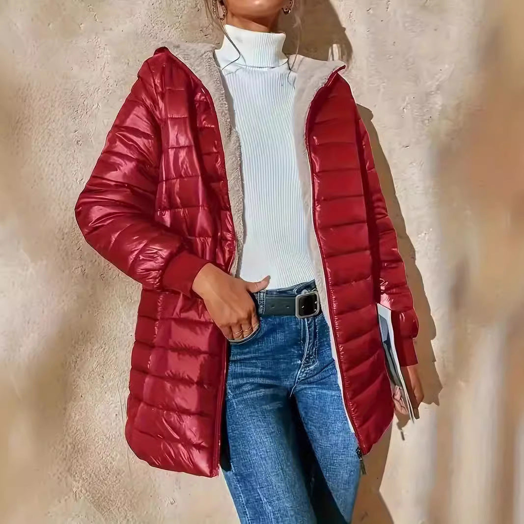 Mid-length Loose Hooded Fleece-lined Quilted Cotton Jacket Limorista